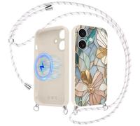 Yoedge Magnétique Fleur Coque Handykette pour iPhone 17 avec Cordon, Aesthetic Verre Éclats Motif Case, Compatible avec MagSafe Étui, Silicone Housse avec Réglable Lanyard pour iPhone 17 6,3"