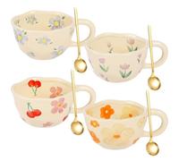 YOFAPA Lot de 4 tasses à café en céramique, jolies tasses à café avec cuillères, tasses à thé irrégulières en porcelaine de 250 ml, tasses à lait esthétiques avec poignées, tasses à lait créatives en