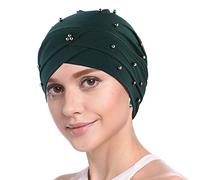 YOFASEN Bonnet Slouchy - Femmes Musulman Casquette Beanie Turban Tête Volants Perlés et Chimio Casquette Wrap Cap pour la Perte de Cheveux, Vert foncé, One Size