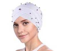 YOFASEN Bonnet Slouchy - Femmes Musulman Casquette Beanie Turban Tête Volants Perlés et Chimio Casquette Wrap Cap pour la Perte de Cheveux, Blanc, One Size