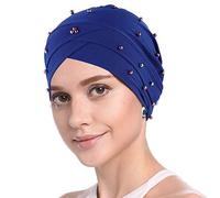 YOFASEN Bonnet Slouchy - Femmes Musulman Casquette Beanie Turban Tête Volants Perlés et Chimio Casquette Wrap Cap pour la Perte de Cheveux, Bleu Royal, One Size