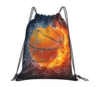 YOFIEN Basketball im Wasser und Feuer, wasserfester Rucksack mit Kordelzug, widerstandsfähige Einkaufstasche für Damen und Herren, Sport- und Fitnessstudio-Sackpack