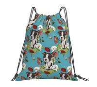 YOFIEN Boston Terrier Welpe Posie mit Blumen und Bienen, wasserabweisender Rucksack mit Kordelzug, für Damen und Herren, Sport- und Fitnessstudio-Sackpack