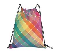 YOFIEN Bunter Regenbogen, mehrfarbig, kariert, gestreift, wasserabweisend, Kordelzug-Rucksack, Einkaufstasche für Damen und Herren, Sport, Fitnessstudio