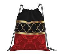 YOFIEN Eleganter Rucksack mit wasserabweisendem Kordelzug in Rot, Schwarz und Gold mit Vierpass-Muster für Damen und Herren, Sport- und Fitnessstudio-Sackpack