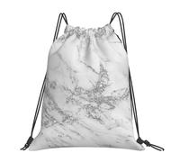YOFIEN Eleganter, schicker Rucksack mit wasserabweisendem Kordelzug in Weiß, Grau und Silber mit Glitzer und Marmor für Damen und Herren, Sport- und Fitnessstudio-Sackpack