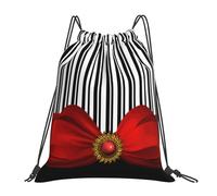 YOFIEN Eleganter schwarz-weiß gestreifter und roter Schleifen-Rucksack mit Kordelzug, wasserabweisend, für Damen und Herren, Sport- und Fitnessstudio-Sackpack