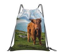 YOFIEN Highland Cow By The Sea Water Rucksack mit Kordelzug, widerstandsfähige Einkaufstasche für Damen und Herren, Sport- und Fitnessstudio-Sackpack