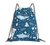 YOFIEN Lächelnder Hai, Meerestiere, Fische, Seesterne, blaues Wasser, Kordelzug-Rucksack, widerstandsfähige Einkaufstasche für Damen und Herren, Sport- und Fitnessstudio-Sackpack
