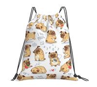 YOFIEN Niedliche, lustige Mopswelpen mit nahtlosem Muster im Hintergrund, wasserabweisender Rucksack mit Kordelzug für Damen und Herren, Sport- und Fitnessstudio-Sackpack