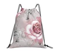 YOFIEN Rosa Blumen Aquarell Blumen Rose Grau Blätter Spritzwasser Kordelzug Rucksack resistent String Bag für Damen Herren Sport Gym Sackpack