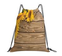 YOFIEN Rucksack mit Kordelzug, Motiv: Drei Sonnenblumen auf hölzernem Wasser, widerstandsfähige Einkaufstasche für Damen und Herren, Sport- und Fitnessstudio-Sackpack