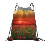 YOFIEN Rucksack mit rotem Mohnblumenfeld im Sonnenuntergang, bedruckt, wasserabweisend, Kordelzug, für Damen und Herren, Sport- und Fitnessstudio-Sackpack