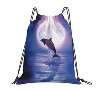 YOFIEN Rucksack mit wasserabweisendem Kordelzug und Delfin-Sprung im Mondlicht, bedruckt, für Damen und Herren, Sport- und Fitnessstudio-Sackpack
