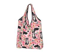 YOFIEN Sac cabas pliable rose à motif floral vintage Border Collie, réutilisable et grande capacité