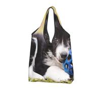 YOFIEN Sac fourre-tout pliable à bordure noire, réutilisable et grande capacité, avec motif de chiots Border Collie.