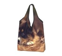 YOFIEN Sac fourre-tout pliable et réutilisable grande capacité, motif chiot Border Collie Bokeh marron.