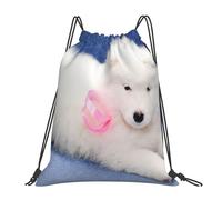 YOFIEN Samojeden-Welpe, weißer Hundewelpe mit Schleife, pelziger, wasserabweisender Rucksack mit Kordelzug, für Damen und Herren, Sport- und Fitnessstudio-Sackpack