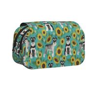 YOFIEN Schnauzer Tournesols Printemps Été Floral Race de Chien Chien Trousse à Crayons Portable Double Couche Organisateur de Papeterie