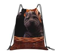 YOFIEN Shar Pei, schwarzer Welpe, kleine Hunde, grauer Welpe, Haustiere, wasserabweisender Rucksack mit Kordelzug, für Damen und Herren, Sport- und Fitnessstudio-Sackpack