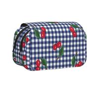 YOFIEN Trousse à Crayons à Carreaux Bleus et Cerises imprimées, Organiseur de Papeterie Portable à Double Couche