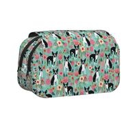YOFIEN Trousse à Crayons Boston Terrier avec Fleurs, Organiseur de Papeterie Portable à Double Couche