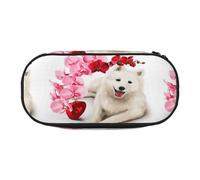 YOFIEN Trousse à Crayons Motif Chien Samoyède à Fleurs Roses, Petite Trousse à Crayons de Grande capacité, Organiseur de Papeterie de Bureau