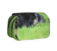 YOFIEN Trousse à Crayons Portable à Double Couche, Motif Chiot Berger Allemand, Animaux de Compagnie, pelouse, Bokeh, Chiens