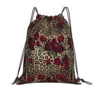 YOFIEN Wasserabweisender Rucksack mit Kordelzug und roten Rosen, Leopardenmuster, für Damen und Herren, Sport- und Fitnessstudio-Sackpack