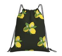 YOFIEN Zitrone mit Zweig und Lilienstrauß, schwarzer Wasser-Rucksack mit Kordelzug, widerstandsfähige Einkaufstasche für Damen und Herren, Sport- und Fitnessstudio-Sackpack