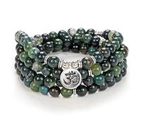 Yoga Symbole 8mm Mala Perles Bracelet 108 Spirituel Collier Méditation Accessoires Bijoux pour Femmes Hommes Cadeaux (Agate mousse (Moss Agate))