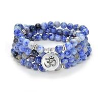 Yoga Symbole Charm 108 Mala Perles Méditation Bracelet ou Collier pour Homme ou Femme (Agate Jaspe Tache Bleue （Blue Spot Jasper Agate）)