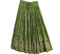 Yoga Trendz Jupe longue indienne femme avec paillettes froncées et manche à balai gitane (3 pièces), olive, Taille unique