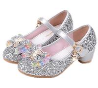 YOGLY Babies Fille Chaussure à Talon Enfant Ballerine Princesse avec Paillettes Noeud Papillon Chausson Maryjane Princesse Chaussures à Talons Hauts Enfants Party Pompes,28 EU,Argent