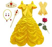 YOGLY Déguisement Robe de Princesse Belle Fille Cosplay La Belle et la Bête Longue Robe de Soirée et Accessoires pour Enfant Dress Halloween Noël Fête Anniversaire Cérémonie Communion Cadeaux 2-10 ans
