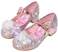 YOGLY Elsa Fille Chaussures de Princesse Déguisement Reine des Glaces Noël Carnaval Anniversaire Costume Accessoires Cristal Fleur Ballet Bleu Rose Argenté Doux Talons Hauts Cosplay Halloween Fête