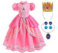 YOGLY Princesse Peach Déguisement avec Couronne Fille Dress up Princesse Pêche Rose Robe de Soirée Cosplay Halloween Costume Anniversaire Fête Noël Carnaval Fancy Robe pour Enfant Taille 3-10 Ans