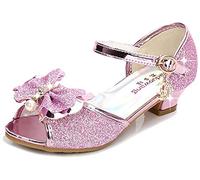 YOGLY Sandales Ceremonie Fille, Chaussure à Talon Enfant Ballerine Princesse avec Paillettes Princesse Chaussures à Talons Hauts Enfants Party Pompes,38 EU,Rose