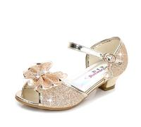 YOGLY Sandales Ceremonie Fille, Chaussure à Talon Enfant Ballerine Princesse avec Paillettes Princesse Chaussures à Talons Hauts Enfants Party Pompes,35 EU,Or