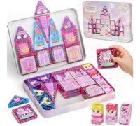 YOGOHEE Lot de 42 blocs de construction magnétiques pour filles - Carreaux de princesse et licorne dans une boîte en métal portable comme plate-forme de construction mobile pour voiture, avion et