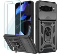 Yohii Coque pour Google Pixel 9 Pro XL avec 2 Pièces Verre Trempé, Lentille Coulissante Couverture, Support 360° Rotatif Militaire PC Armor Etui, Noir
