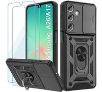 Yohii Coque pour Samsung Galaxy A26 / Samsung Galaxy A17, avec 2 Pièces Verre Trempé, Lentille Coulissante Couverture, Support 360° Rotatif Militaire PC Armor Etui, Noir