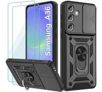 Yohii Coque pour Samsung Galaxy A36 5G, avec 2 Pièces Verre Trempé, Lentille Coulissante Couverture, Support 360° Rotatif Militaire PC Armor Etui, Noir