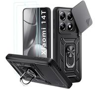 Yohii Coque pour Xiaomi 14T, avec 2 Pièces Verre Trempé, Lentille Coulissante Couverture, Support 360° Rotatif Militaire PC Armor Etui, Noir