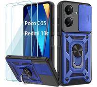 Yohii Coque pour Xiaomi Poco C65 / Coque Xiaomi Redmi 13C, avec 2 Pièces Verre Trempé, Lentille Coulissante Couverture, Support 360° Rotatif Militaire PC Armor Etui, Bleu