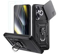 Yohii Coque pour Xiaomi Poco F6 avec 2 Pièces Verre Trempé, Support 360° Rotatif Militaire PC Armor Etui, Lentille Coulissante Couverture, Noir