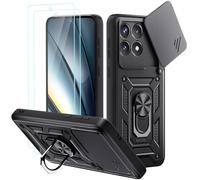 Yohii Coque pour Xiaomi Poco F6 Pro 5G avec 2 Pièces Verre Trempé, Lentille Coulissante Couverture, Support 360° Rotatif Militaire PC Armor Etui, Noir