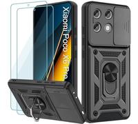 Yohii Coque pour Xiaomi Poco X6 Pro 5G avec 2 Pièces Verre Trempé, Lentille Coulissante Couverture, Support 360° Rotatif Militaire PC Armor Etui, Noir