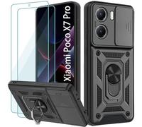 Yohii Coque pour Xiaomi Poco X7 Pro 5G avec 2 Pièces Verre Trempé, Lentille Coulissante Couverture, Support 360° Rotatif Militaire PC Armor Etui, Noir