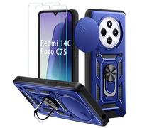 Yohii Coque pour Xiaomi Redmi 14C 4G / 5G / Xiaomi Poco C75 / Redmi A4, avec 2 Pièces Verre Trempé, Lentille Coulissante Couverture, Support 360° Rotatif Militaire PC Armor Etui, Bleu